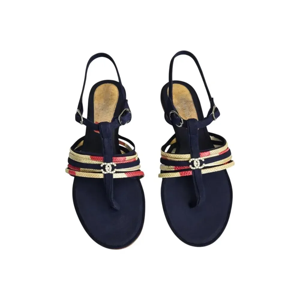Chanel CC Pearl Logo Quiet Luxury Minimalist Navy Blue Gladiator Sandals 37.5